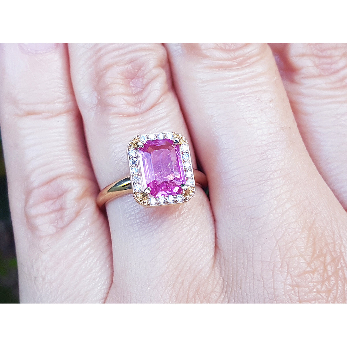 2.05 ct. Pink Sapphire Ring for Women Emerald-cut Halo Natural Diamonds 14K Yellow Gold