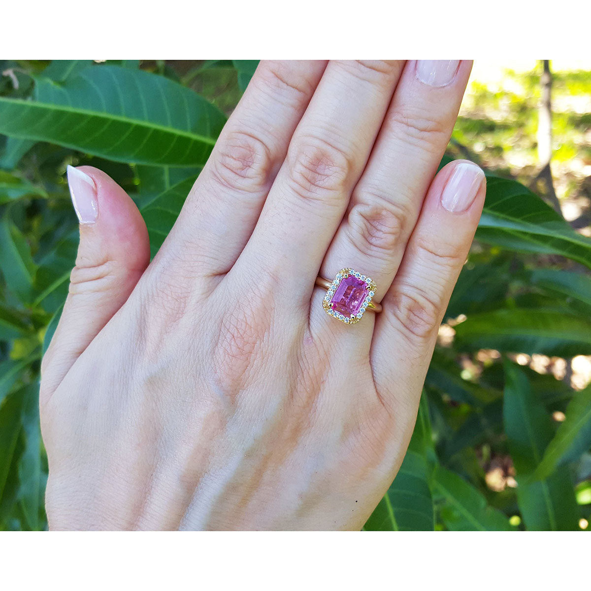 2.05 ct. Pink Sapphire Ring for Women Emerald-cut Halo Natural Diamonds 14K Yellow Gold