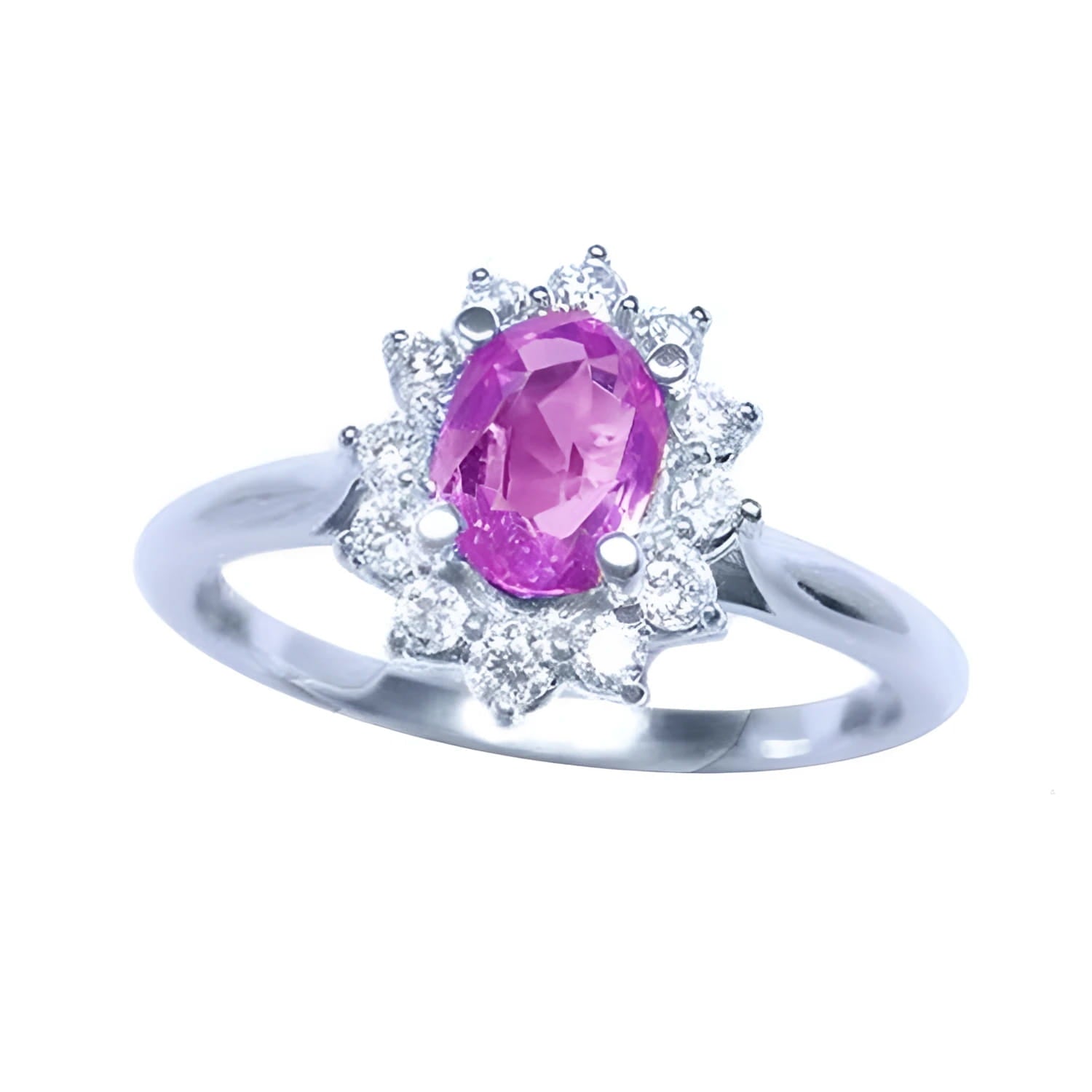 Sapphire ring for women in 14k white gold, features a natural pink sapphire with a radiant oval cut, surrounded by a halo of prong-set natural diamonds.