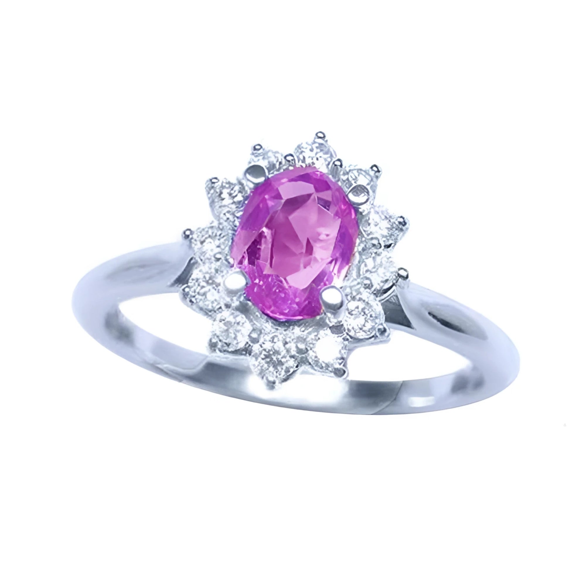 Sapphire ring for women in 14k white gold, features a natural pink sapphire with a radiant oval cut, surrounded by a halo of prong-set natural diamonds.