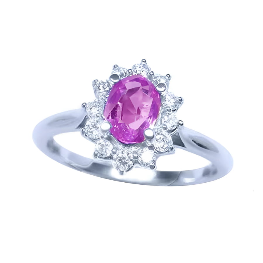 Sapphire ring for women in 14k white gold, features a natural pink sapphire with a radiant oval cut, surrounded by a halo of prong-set natural diamonds.