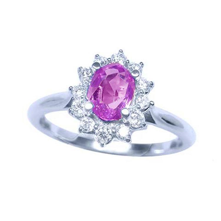 Natural pink sapphire ring for women halo diamond in 14k white gold, front side full top view