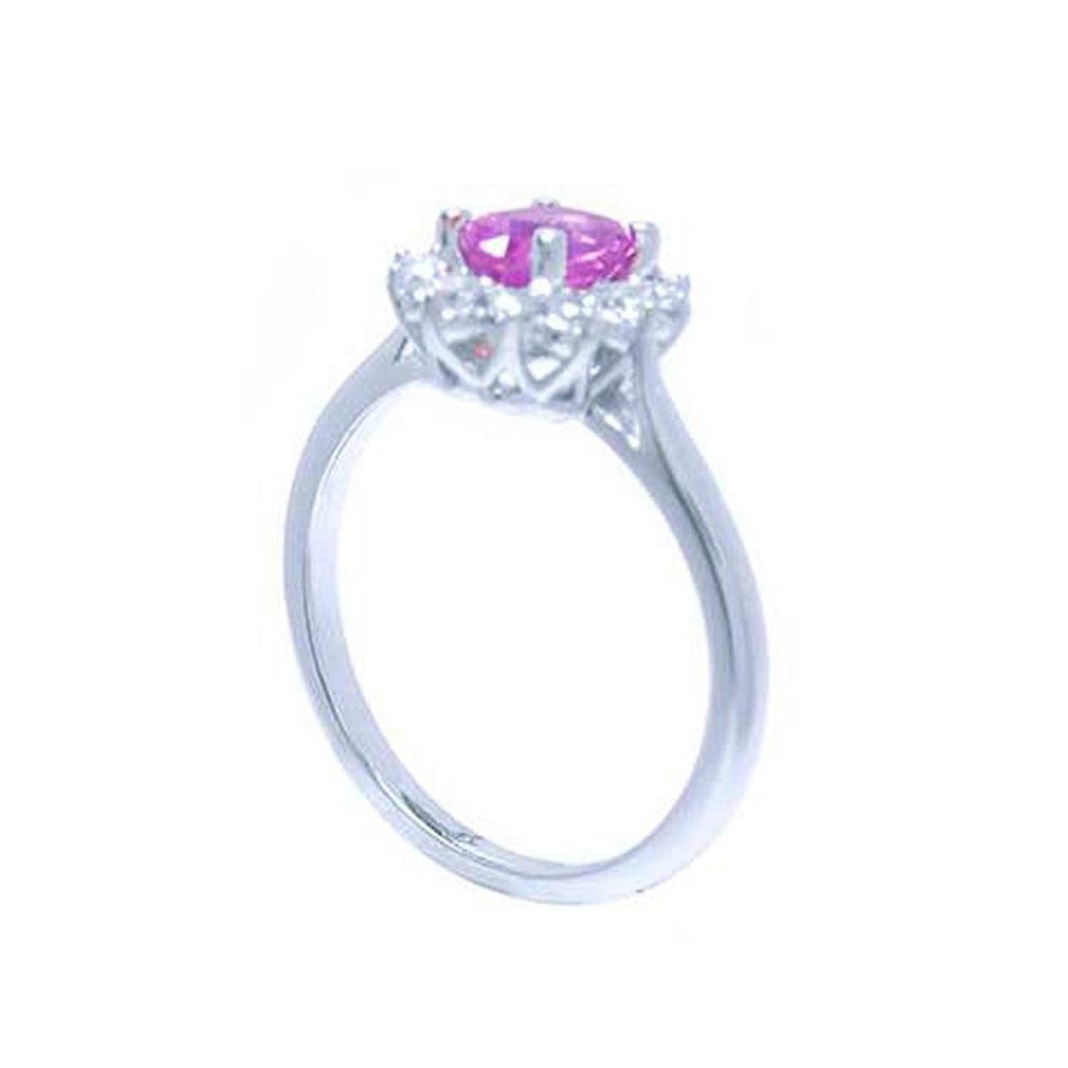 14K white gold ring with oval pink sapphire and diamond halo.