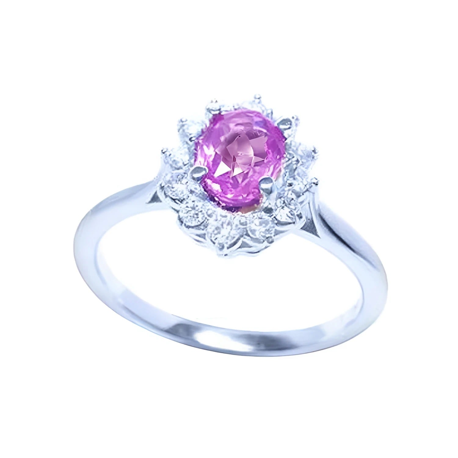 14K white gold ring with an oval pink sapphire and diamond halo.