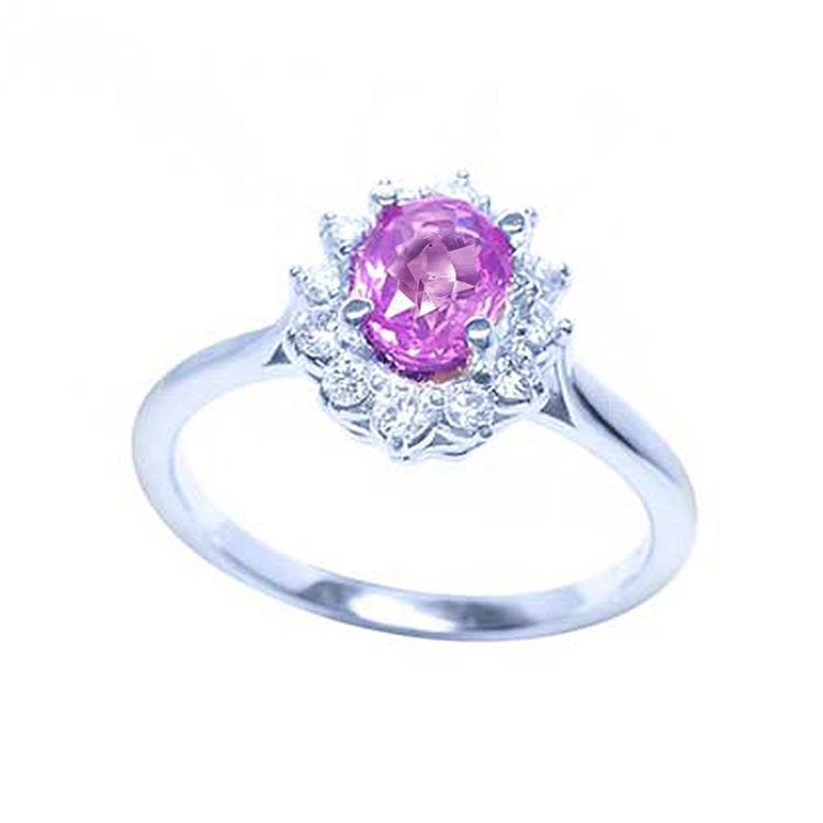 Natural pink sapphire ring for women halo diamond in 14k white gold, half tall top view