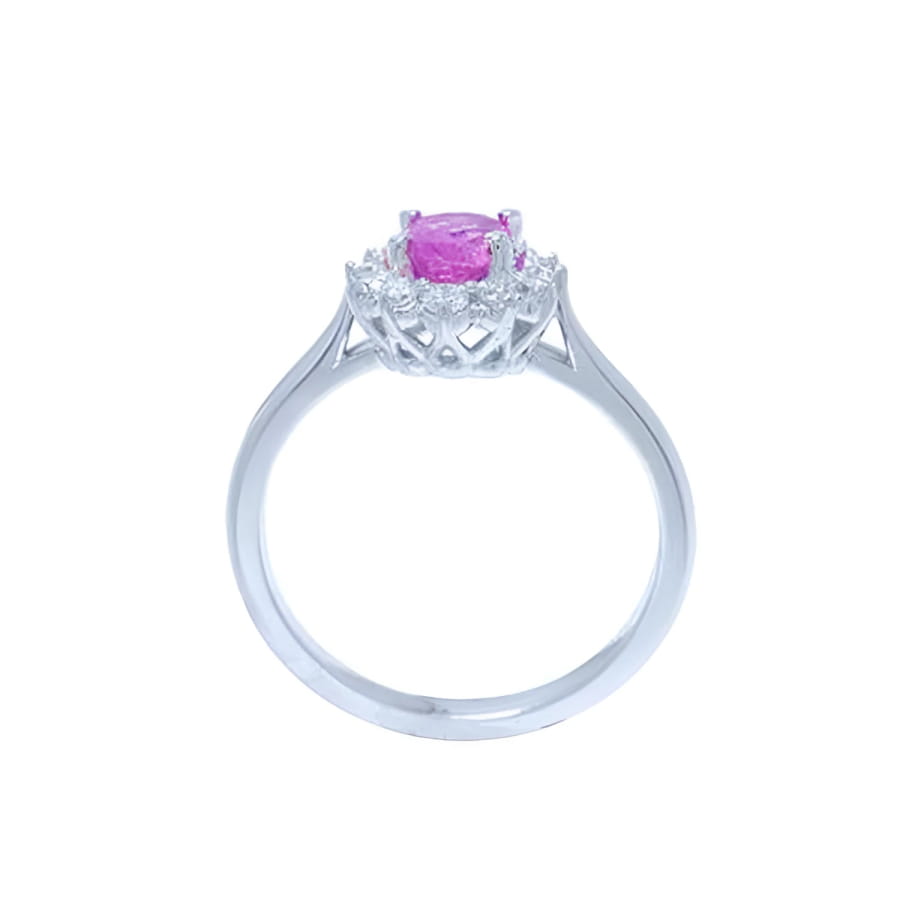 14K white gold women's ring with oval pink sapphire and diamond halo.