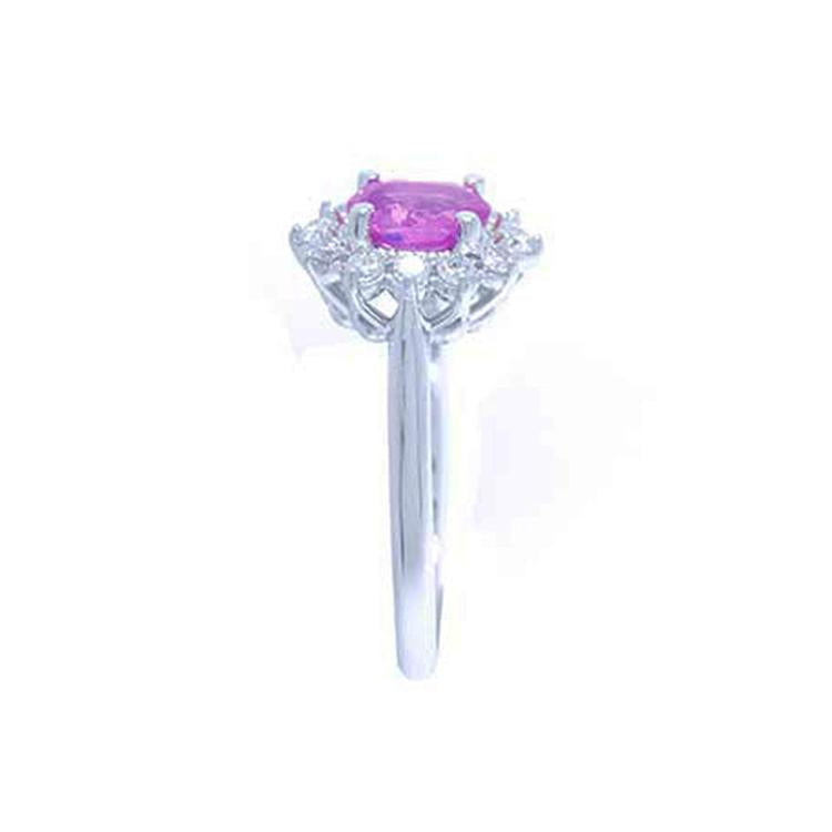 Natural pink sapphire ring for women halo diamond in 14k white gold, top gallery sides and shank profile