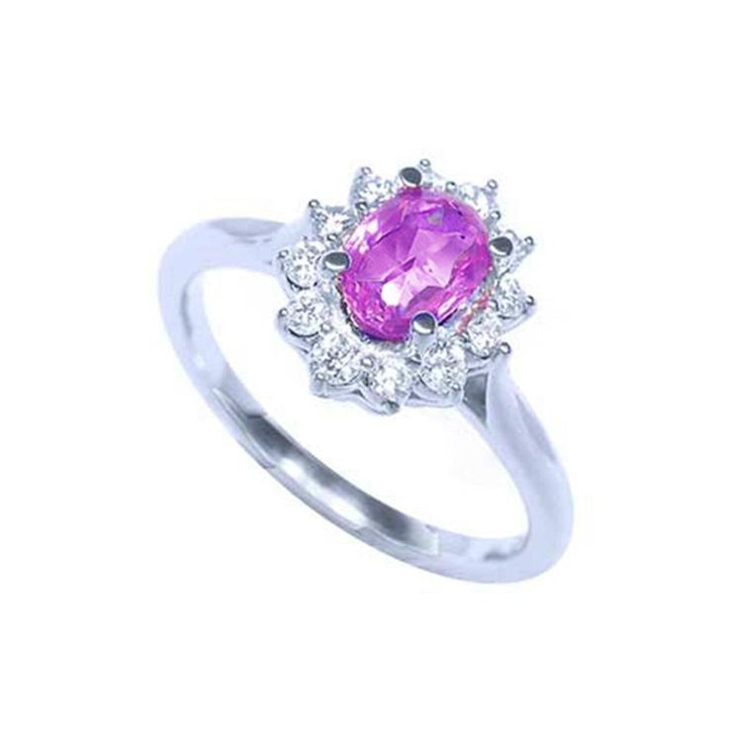 14K white gold ring with oval pink sapphire and diamond halo.