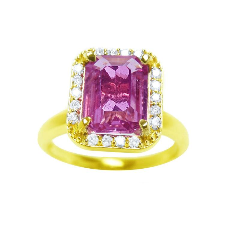 Pink sapphire ring for women emerald-cut halo diamonds 14k yellow gold, front side full top view