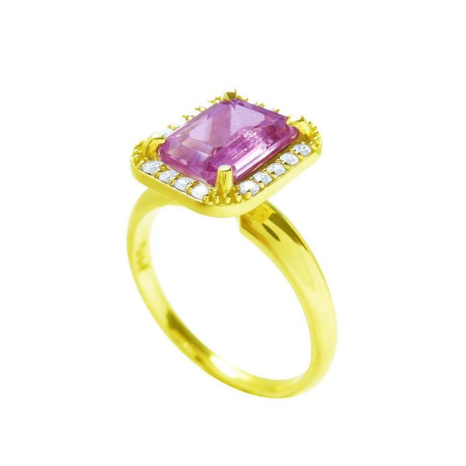 Emerald-cut pink sapphire ring with diamond halo in 14K yellow gold.