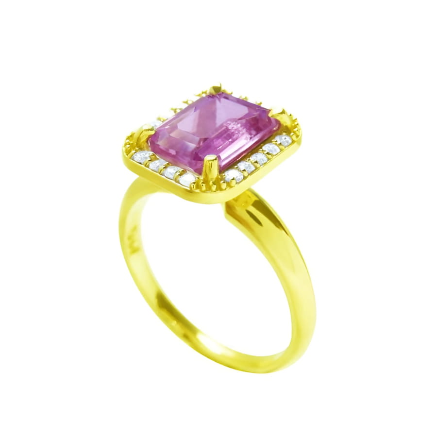 Emerald-cut pink sapphire ring with diamond halo in 14K yellow gold.