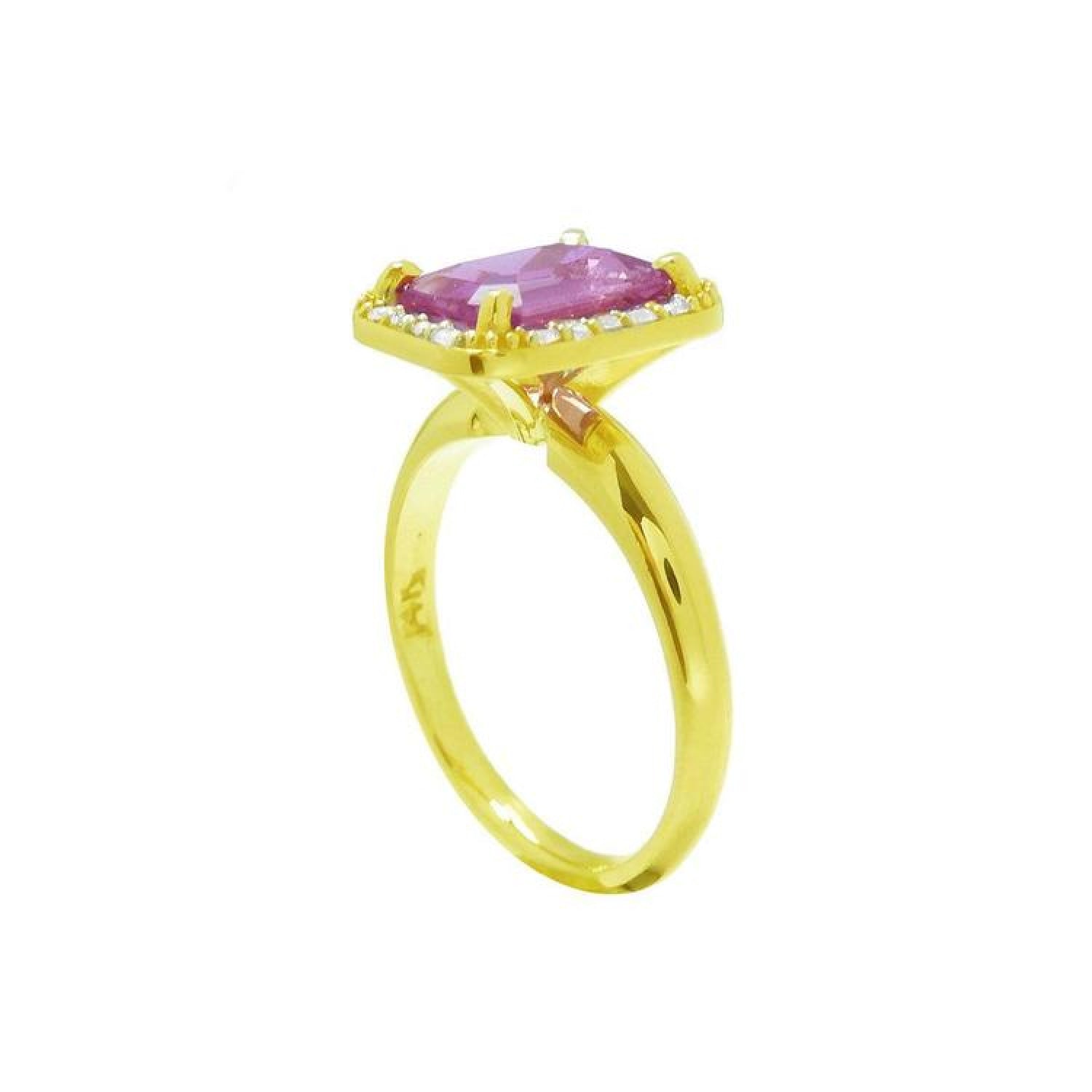 Emerald-cut pink sapphire ring with diamond halo in 14K yellow gold.