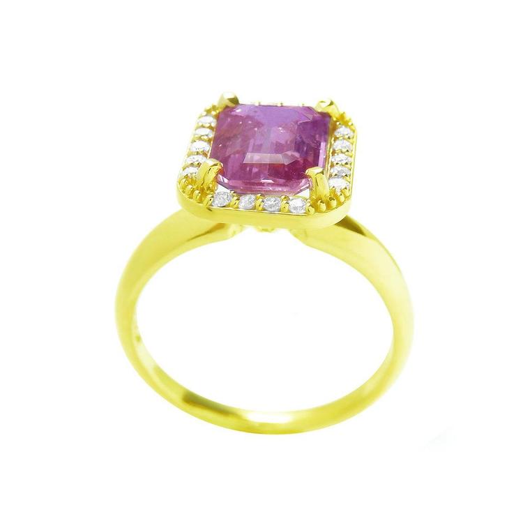 Pink sapphire ring for women emerald-cut halo diamonds 14k yellow gold, half tall top lateral view
