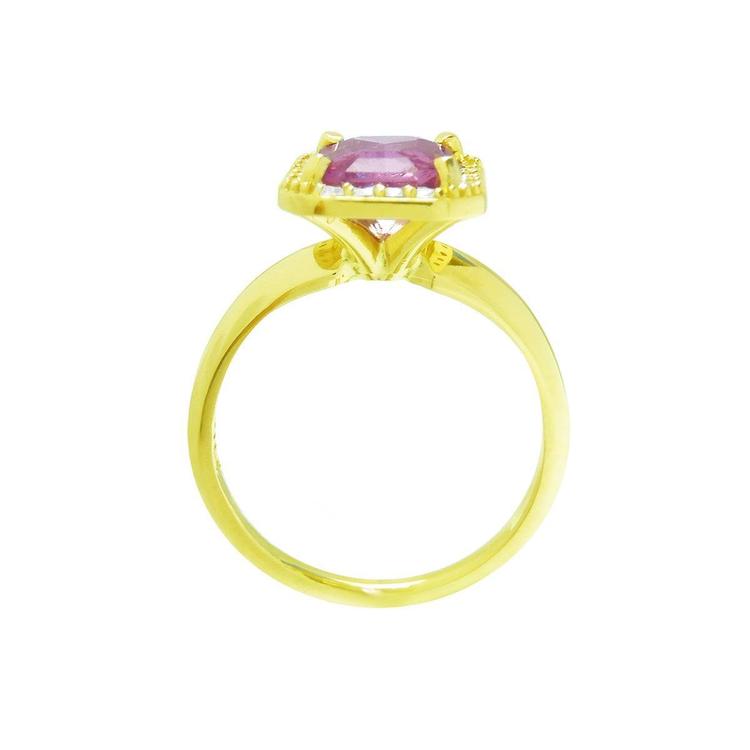 Pink sapphire ring for women emerald-cut halo diamonds 14k yellow gold, lateral high-top gallery and shank view