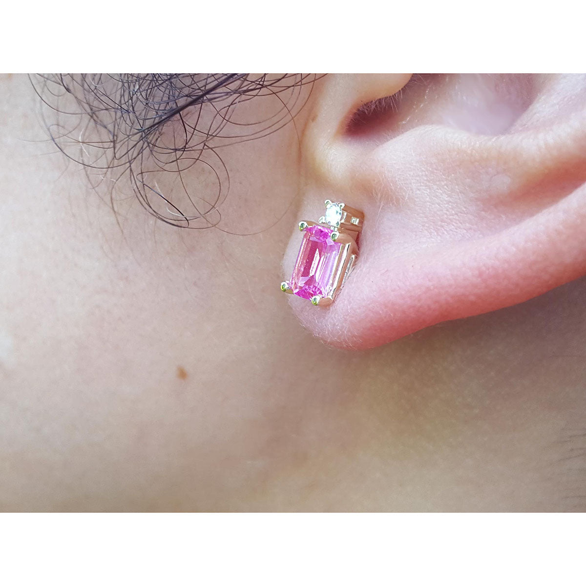 1.51 Carat Pink Sapphire Stud Earrings Emerald cut Natural Diamonds 14K Yellow Gold