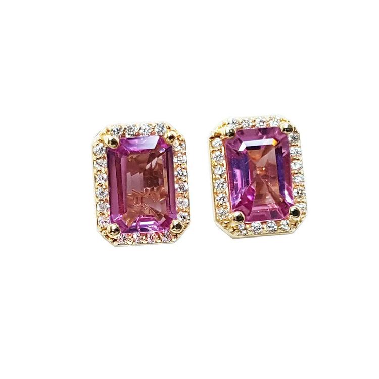 Natural pink sapphire stud earrings halo diamonds 14k yellow gold, front position full top view