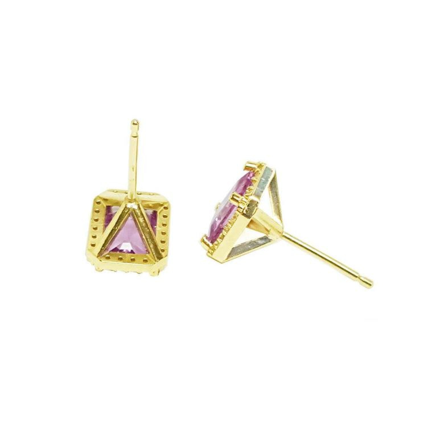1.79 carat natural pink sapphire stud earrings with halo diamonds in 14K yellow gold.
