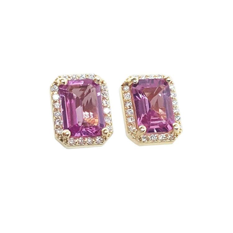 Natural pink sapphire stud earrings halo diamonds 14k yellow gold, right side top view