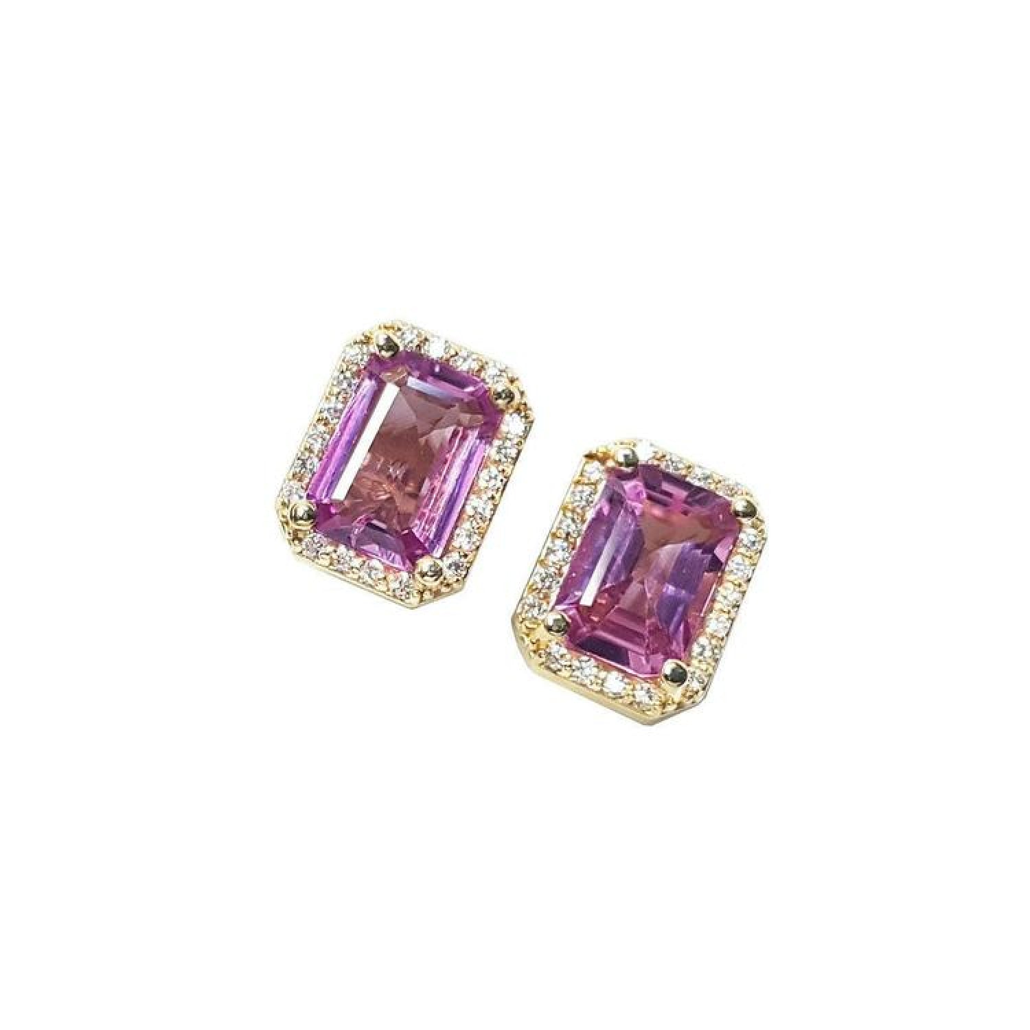 1.79 carat natural pink sapphire emerald cut stud earrings with diamond halo in 14K yellow gold.