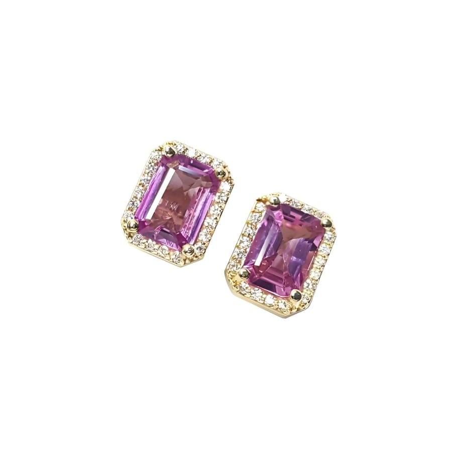 1.79 carat natural pink sapphire emerald cut stud earrings with diamond halo in 14K yellow gold.