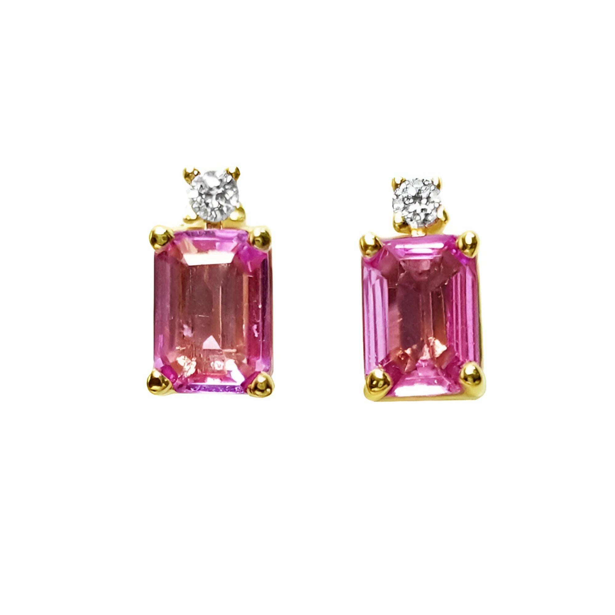 Pink sapphire stud earrings emerald cut 14k yellow gold, very brilliant, natural diamonds on top.