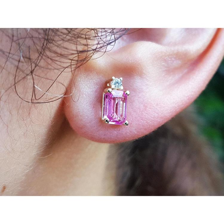 14K yellow gold stud earring with a rectangular pink sapphire and a round diamond.