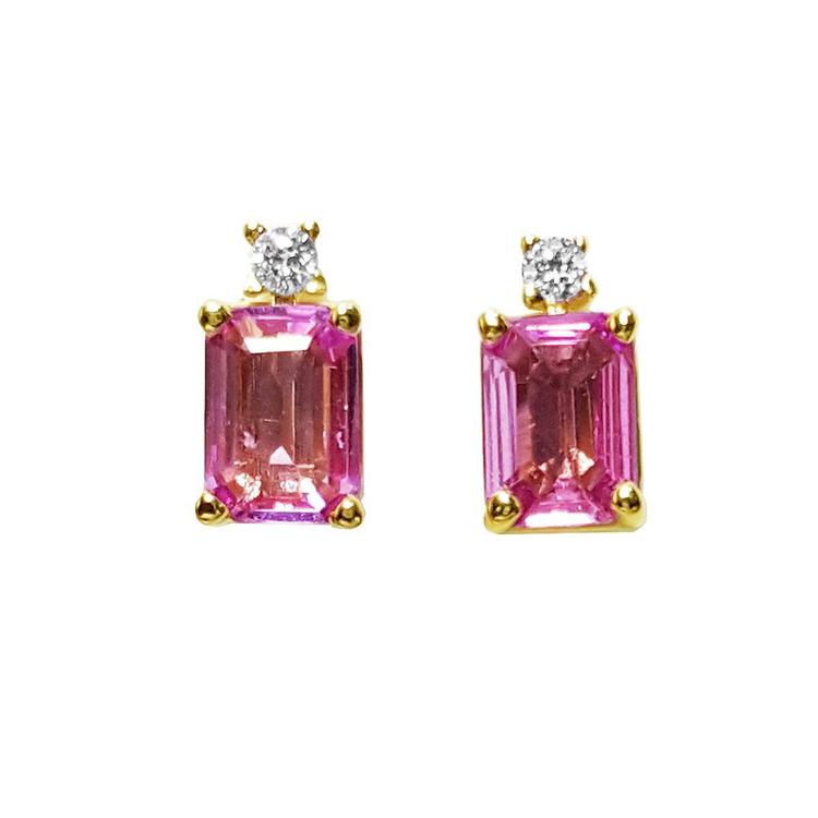 Pink sapphire stud earrings emerald cut natural diamonds 14k yellow gold, front positon top view