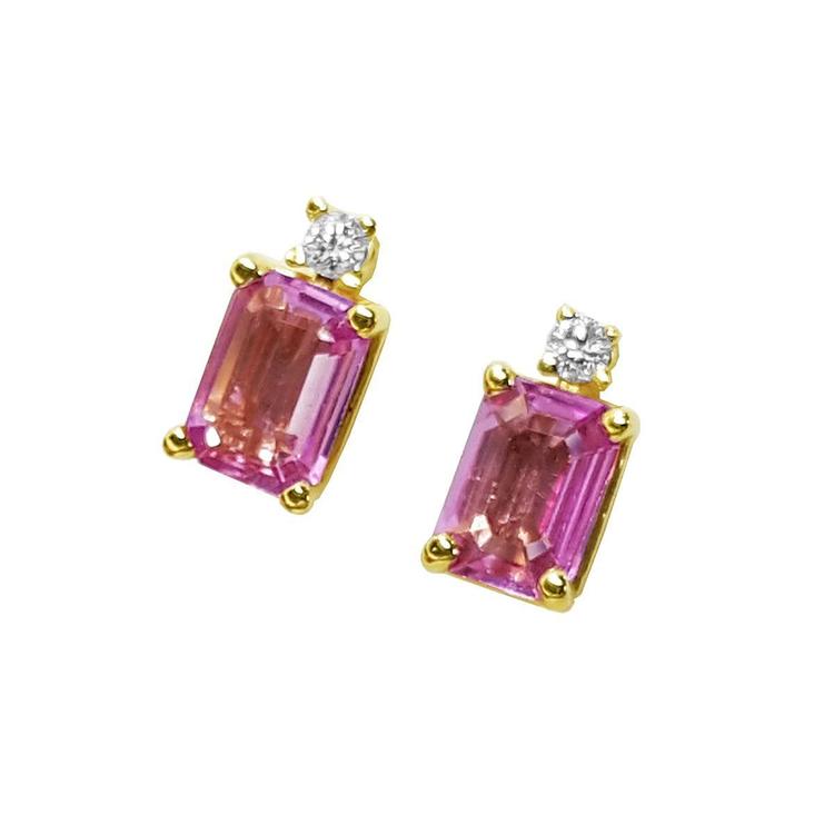 Pink sapphire stud earrings emerald cut natural diamonds 14k yellow gold, left side top view