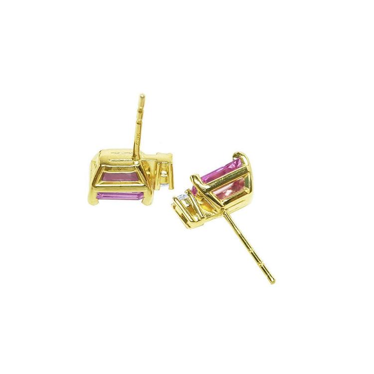14K yellow gold stud earrings with rectangular pink sapphires and natural diamonds.