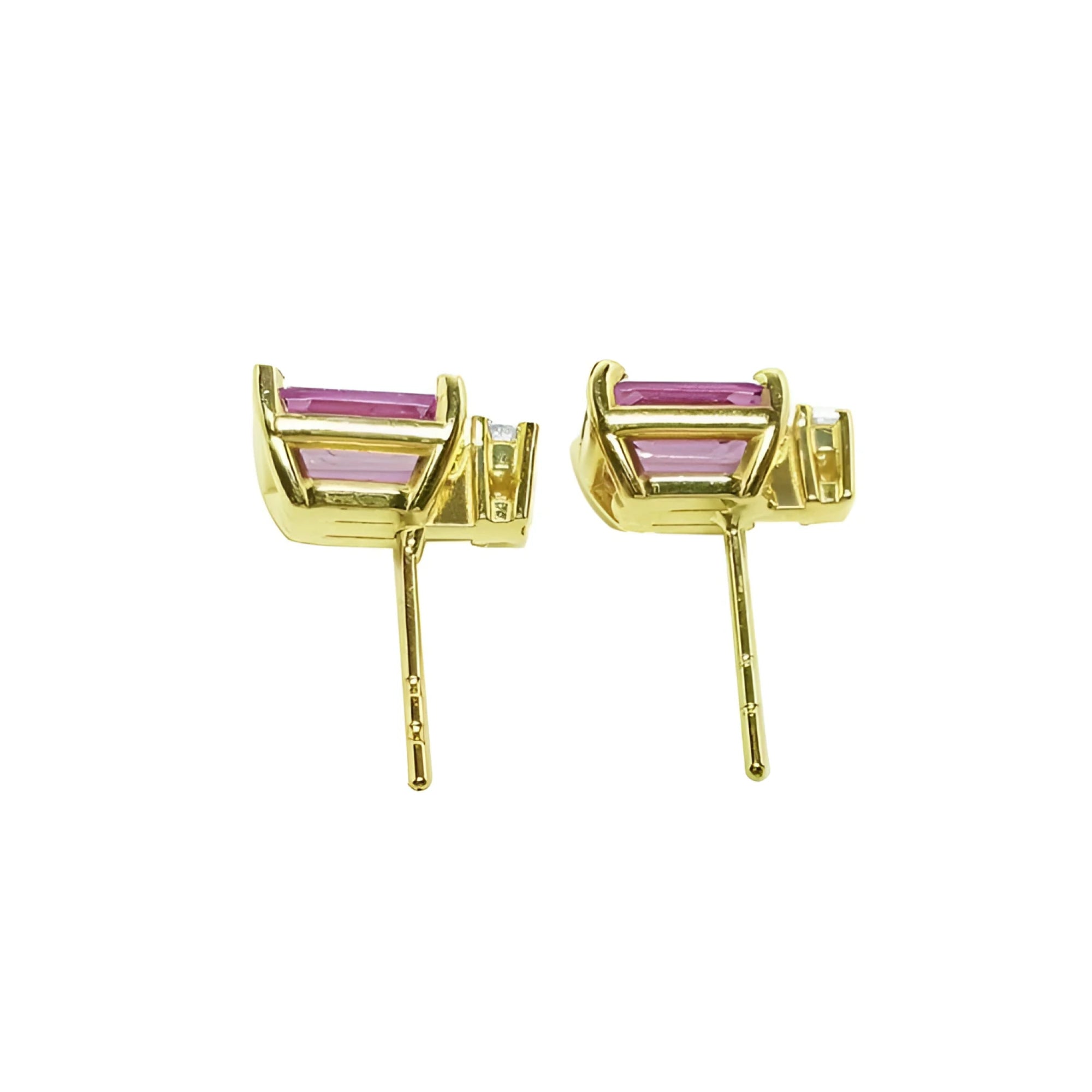 Rectangular emerald cut pink sapphire stud earrings with diamonds in 14K yellow gold.
