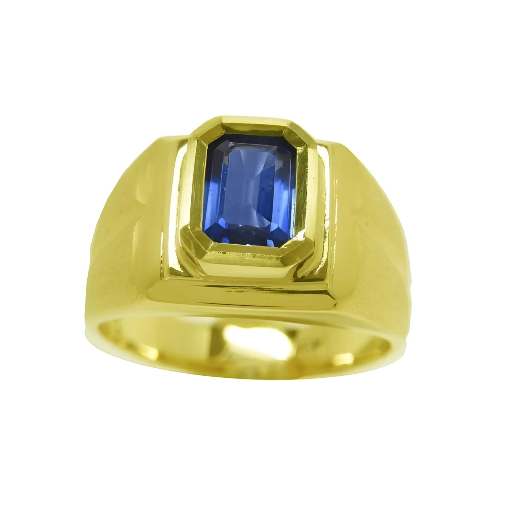 Men's Sapphire Pinky Ring 1.13 carats with a medium dark blue hue, cut in a rectangular emerald shape crafted in 14k Yellow Gold.