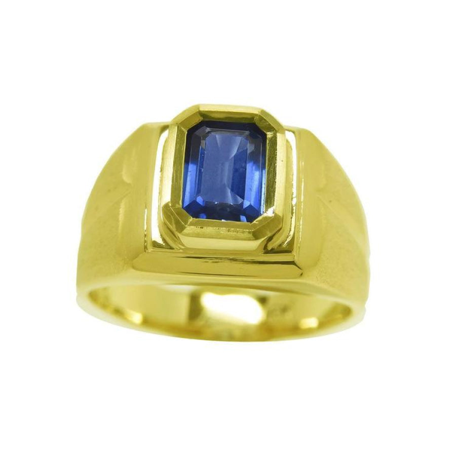 Men's Sapphire Pinky Ring 1.13 carats with a medium dark blue hue, cut in a rectangular emerald shape crafted in 14k Yellow Gold.