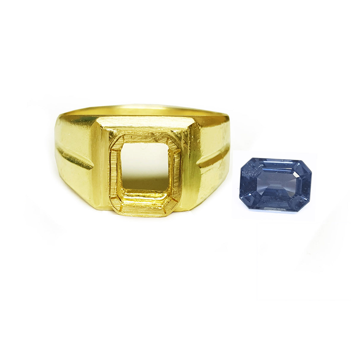 Gold ring mounting with a side blue sapphire gemstone on a top front view