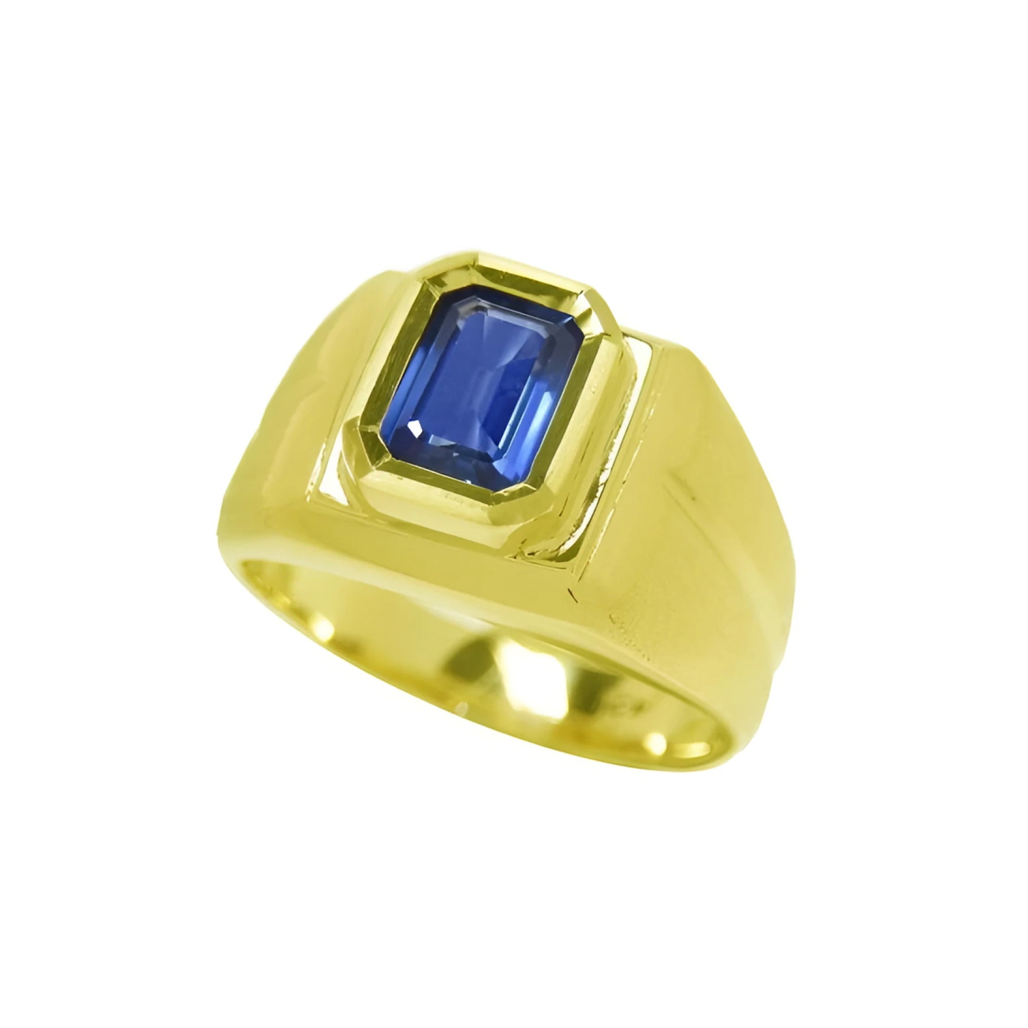 Men's 14k yellow gold pinky ring with a rectangular, medium dark blue sapphire, bezel set.