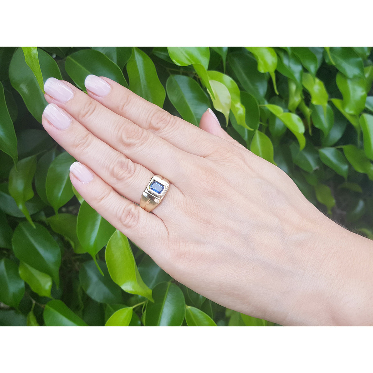 Hand wearing a gold ring with a blue natural sapphire gemstone against a green leafy background