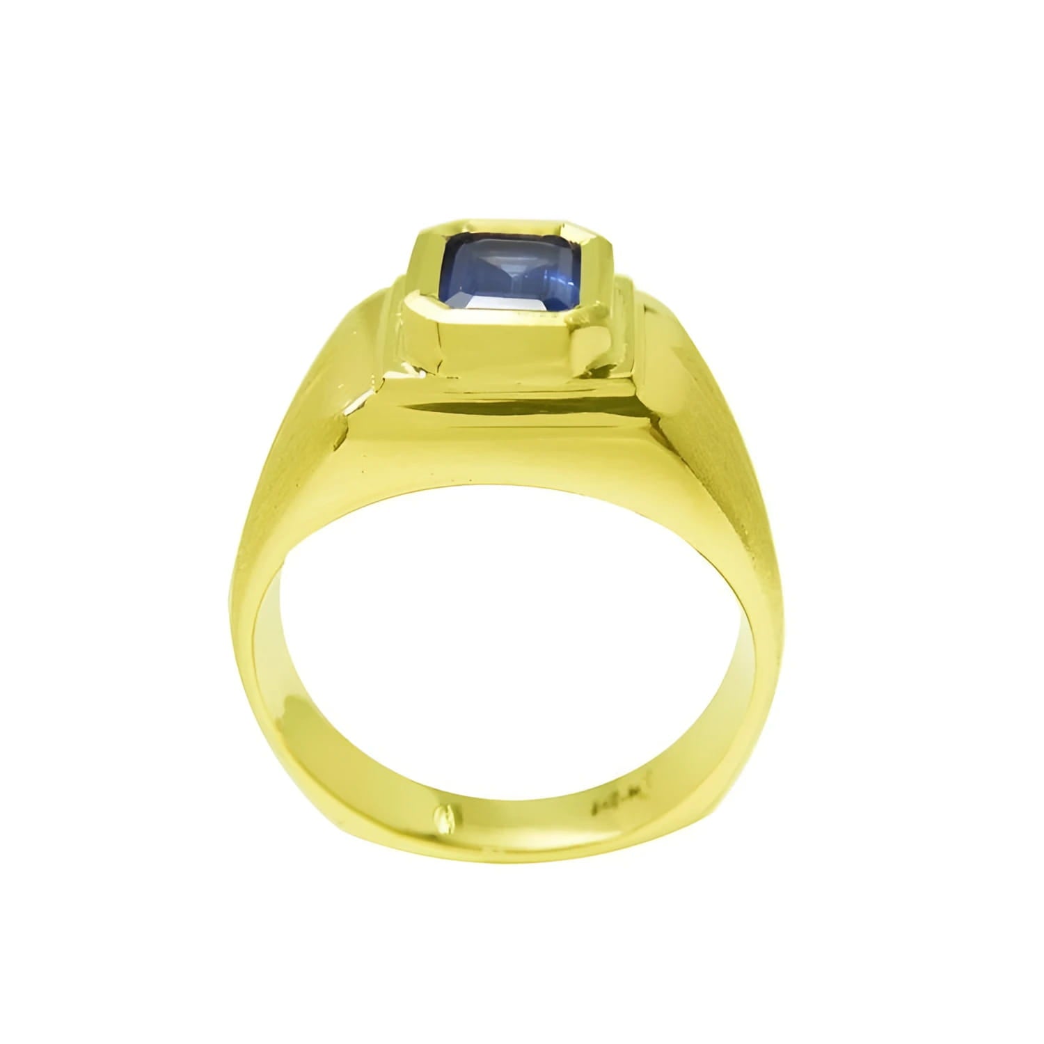 Men's 14k yellow gold pinky ring with a rectangular, medium dark blue sapphire, bezel set.