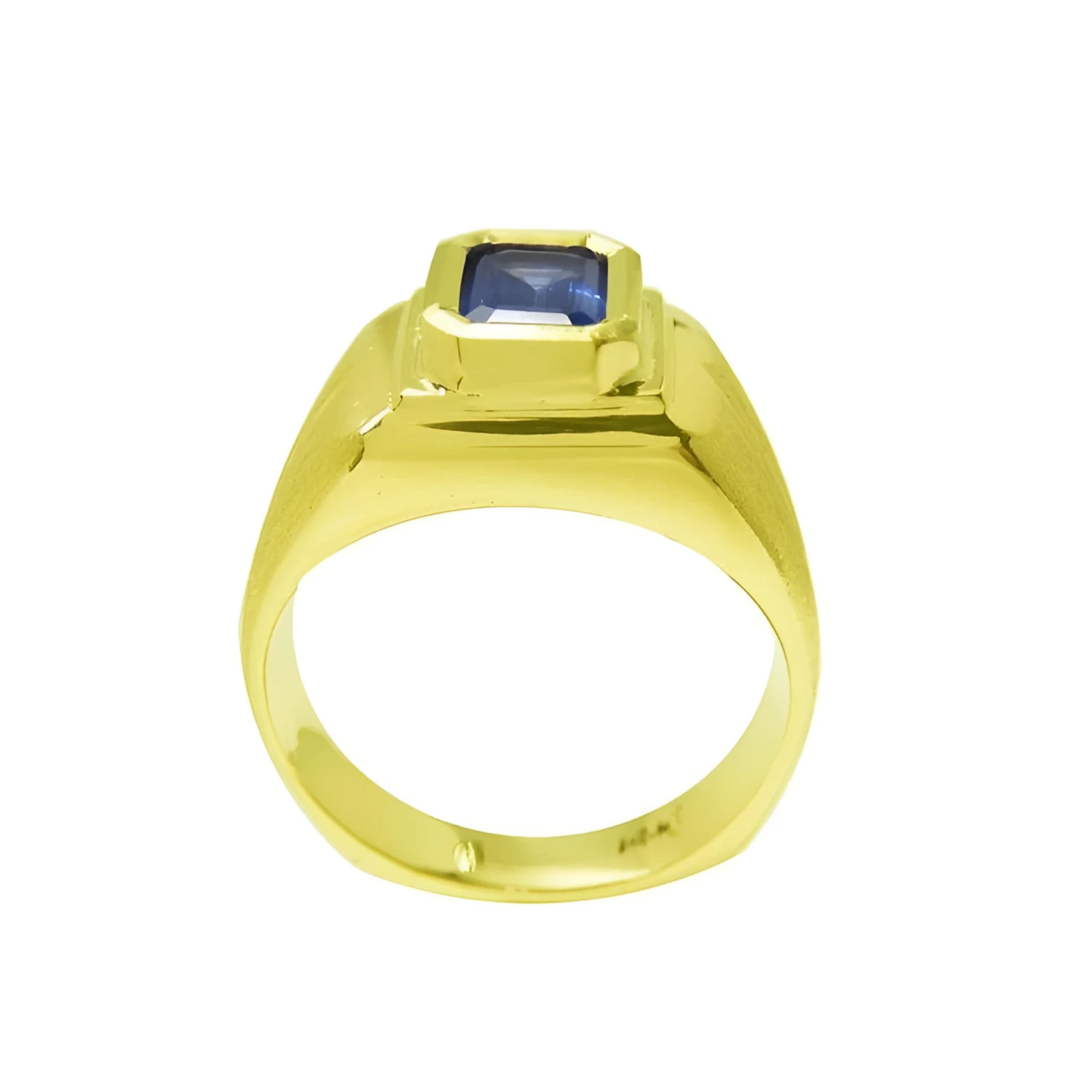 Men's 14k yellow gold pinky ring with a rectangular, medium dark blue sapphire, bezel set.