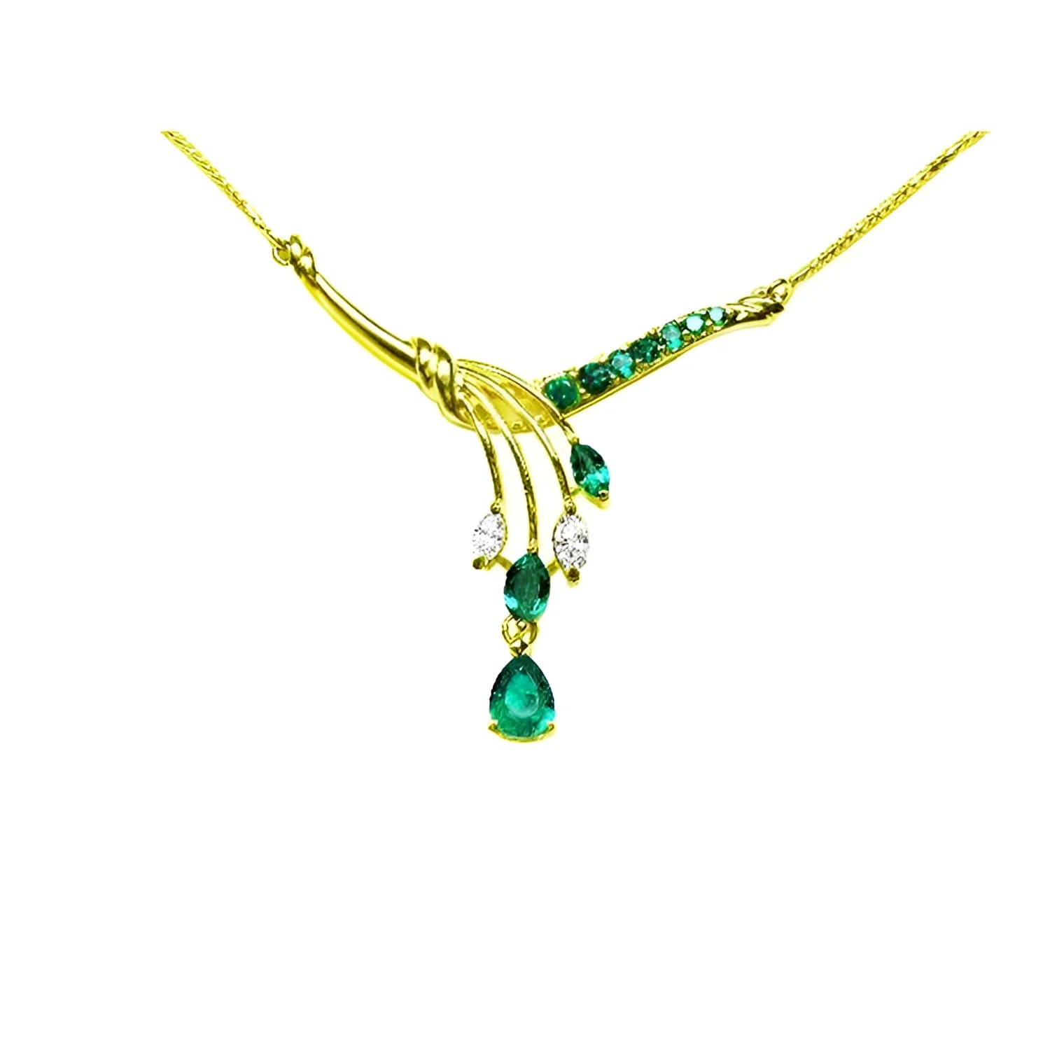 14K yellow gold necklace with marquise and pear-shaped Colombian emeralds and diamonds.