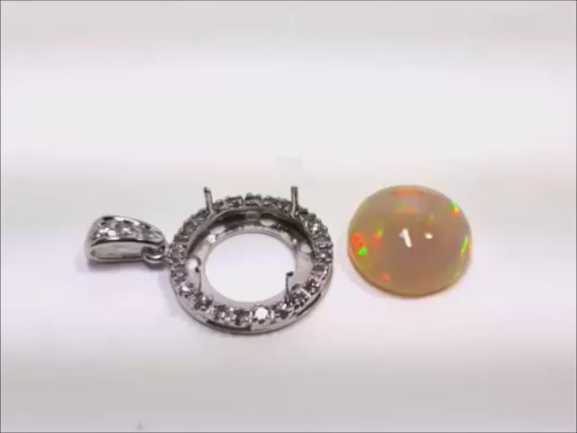 White gold pendant mounting 14k with halo diamond and round Ethiopian opal.