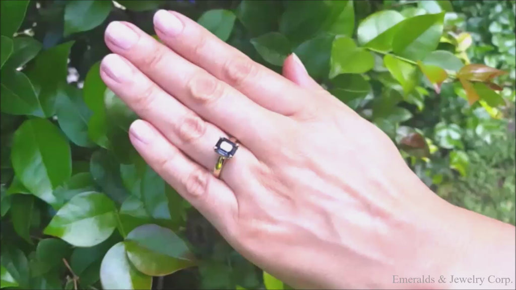 3.13 ct. Blue Sapphire Solitaire Ring for Women Emerald cut Crafted in 14K Yellow Gold