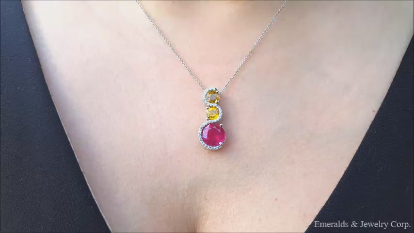 Ruby and sapphire journey pendant necklace, Accent diamonds white gold