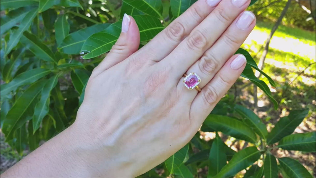 2.05 ct. Pink Sapphire Ring for Women Emerald-cut Halo Natural Diamonds 14K Yellow Gold