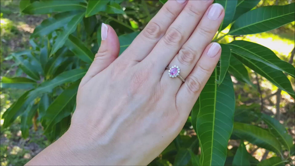 0.79 Carats Natural Pink Sapphire Ring for Women Halo Diamonds in 14K White Gold