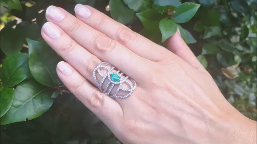 Natural emerald oval cut silver ring