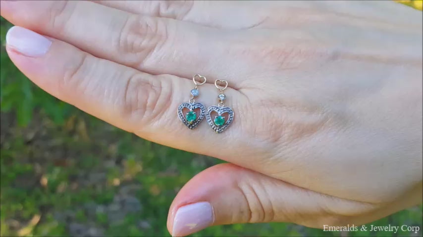 14k yellow gold emerald heart earrings