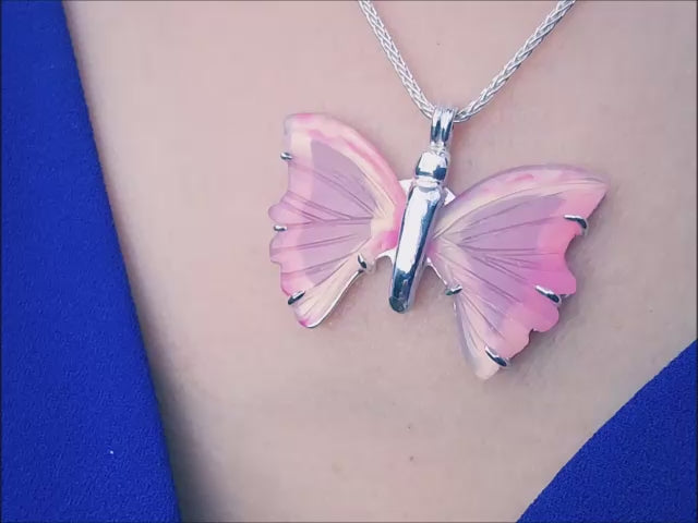 Pink agate butterfly pendant silver necklace