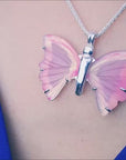 Pink agate butterfly pendant silver necklace