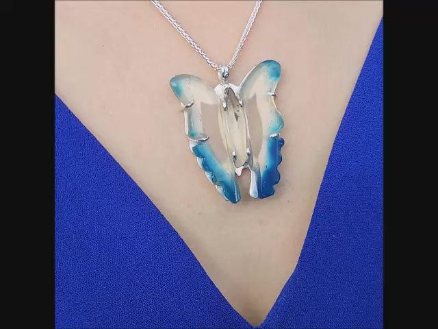 Blue natural butterfly silver pendant necklace
