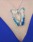 Blue natural butterfly silver pendant necklace