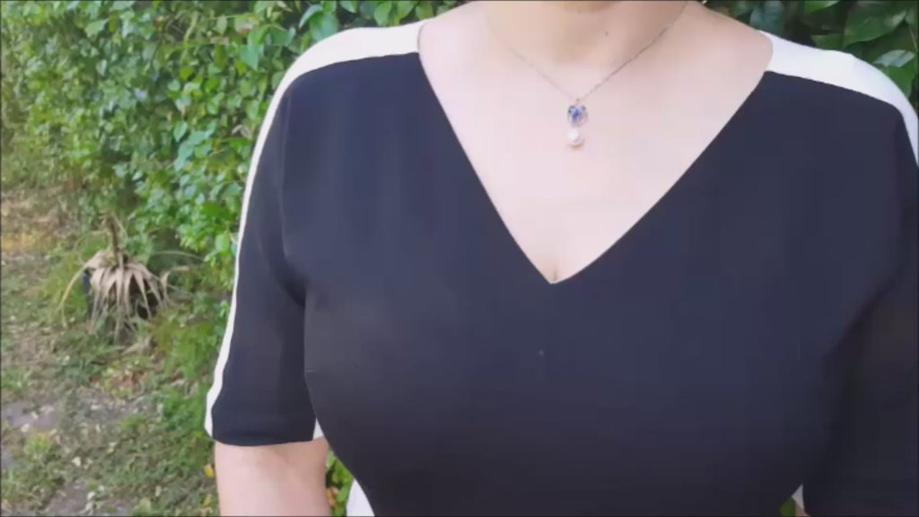 1.76 ct. Natural Sapphire Cluster Necklace Pendant and Dangling Pearl in 14K White Gold